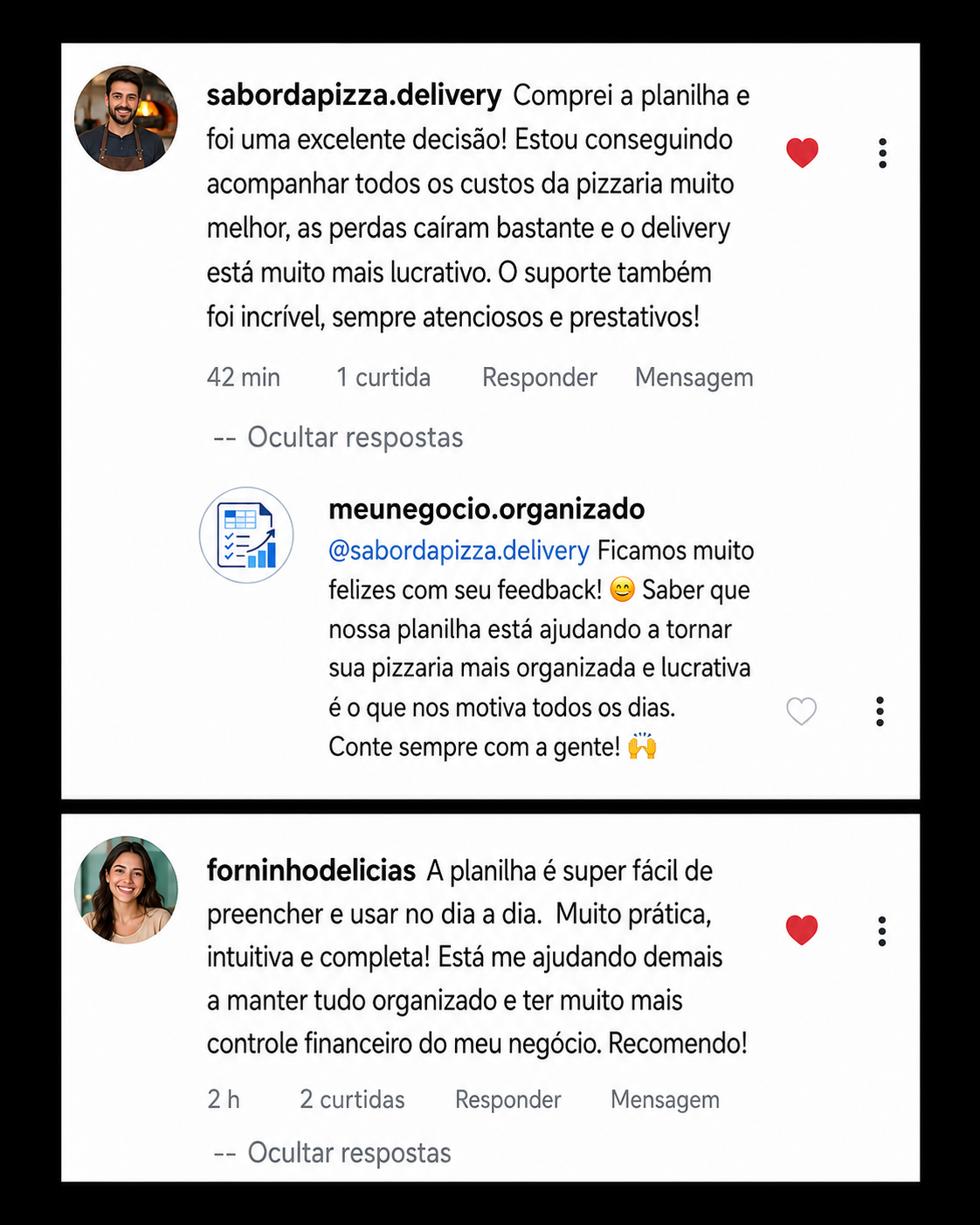 Depoimentos reais de clientes no Instagram sobre a planilha
