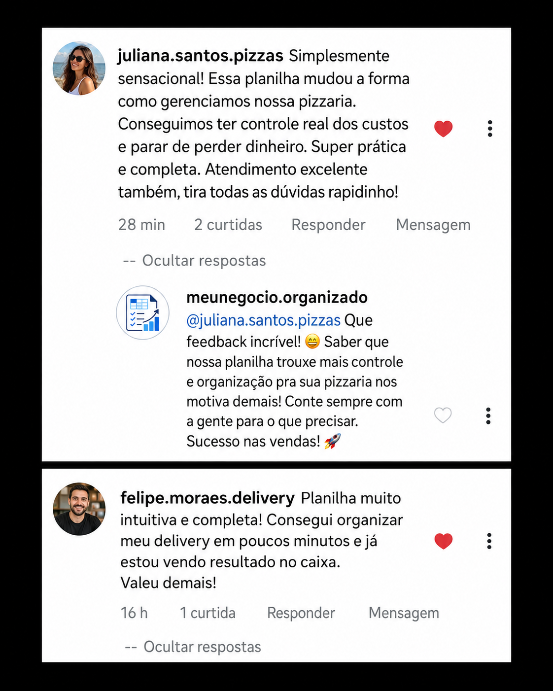 Depoimentos reais de clientes no Instagram sobre a planilha
